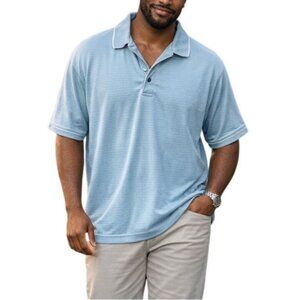 Puritan Mens Plus Size 2XL Polo Shirt Light Blue Collared Striped Short Sleeve